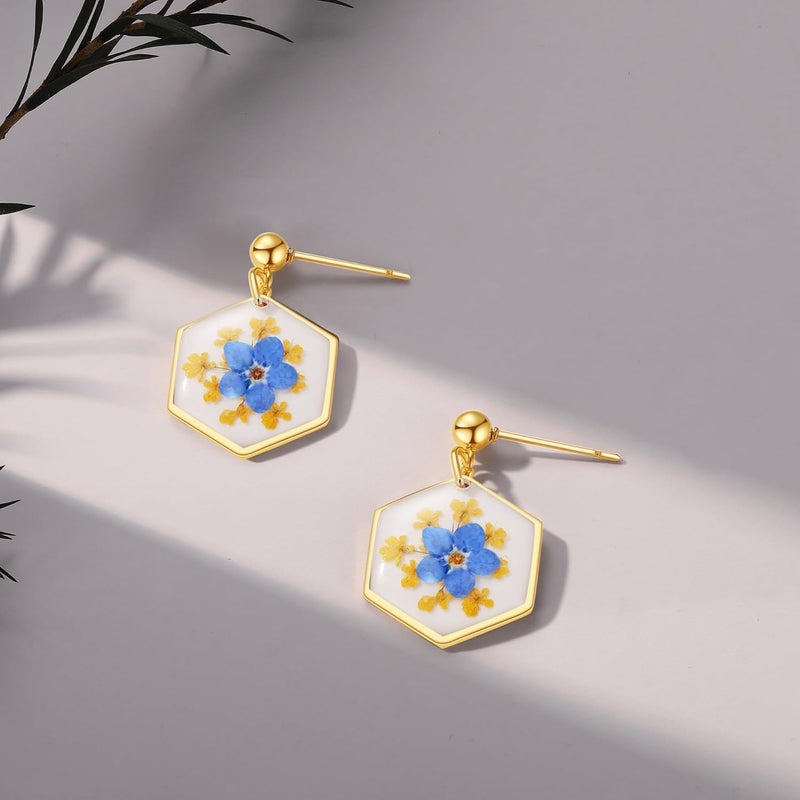 AUNTESIGN Store Forget-Me-Not and Queen Anne's Lace Pressed Wildflower Earrings | Pressed Flower Earrings | Handmade Drop and Dangle Earrings | Gift for Woman - Image 2